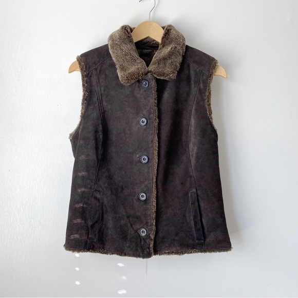 Eddie Bauer Suede Leather Faux Fur Lined Button Vest Medium - Picture 1 of 10